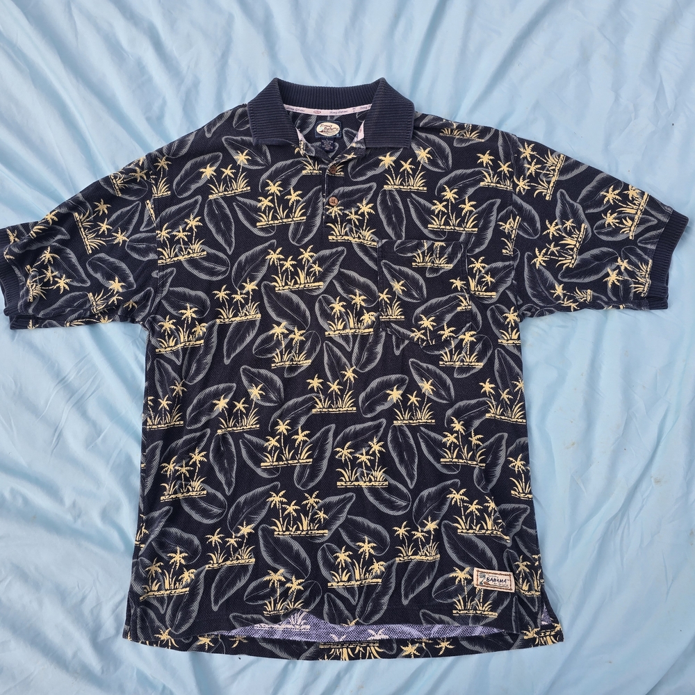 Tommy Bahama Blue and Yellow Polo Shirt with Tropical Print, Size Large - Picture 2 of 5